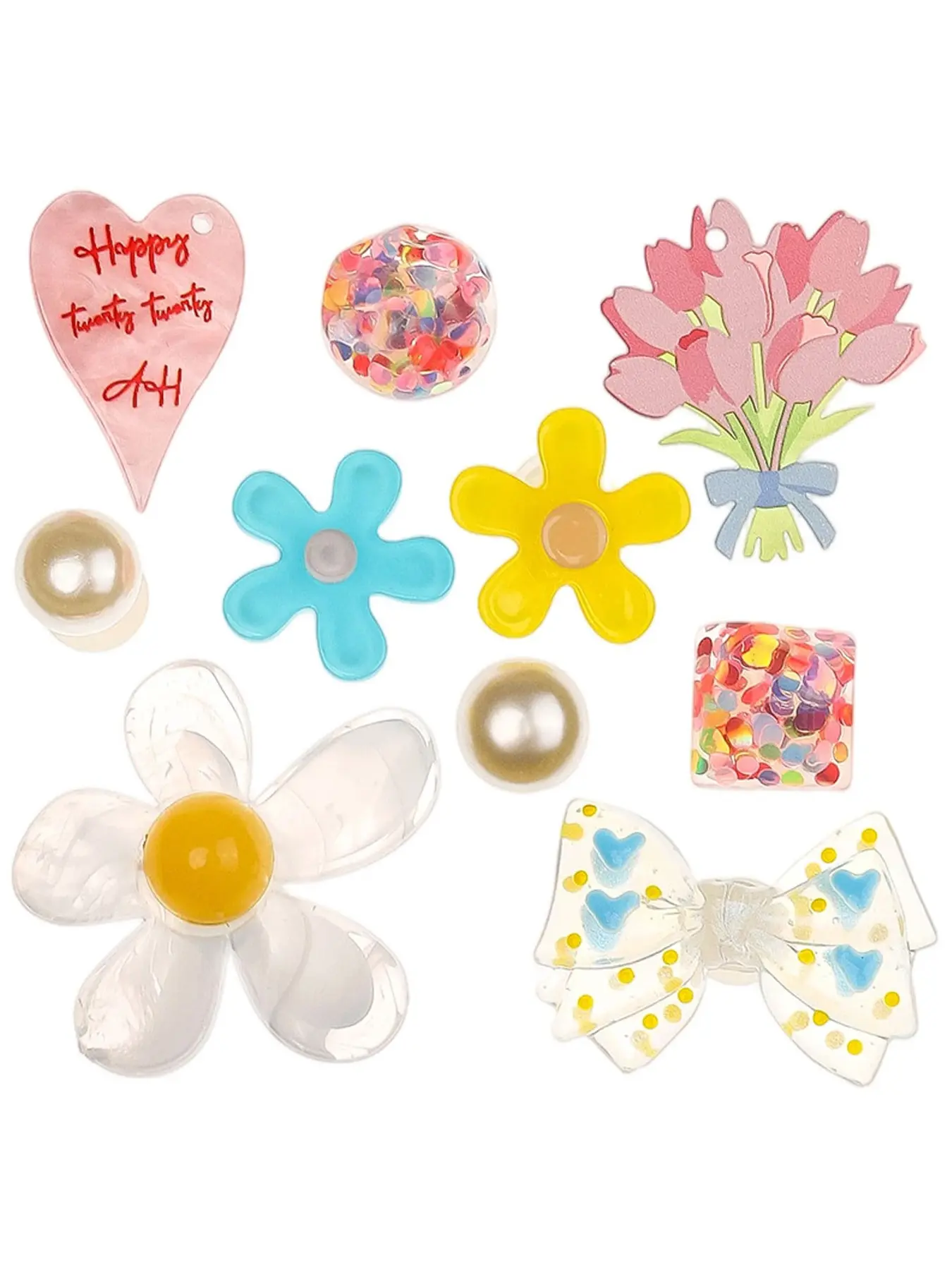 10pcs Macaron Transparent Floral Acrylic Shoe Flowers, Hand-Drawn Bouquet, Colorful Glitter Small Flowers, DIY Hole-In-Shoe Decorations, Shoe Decoration Charms
