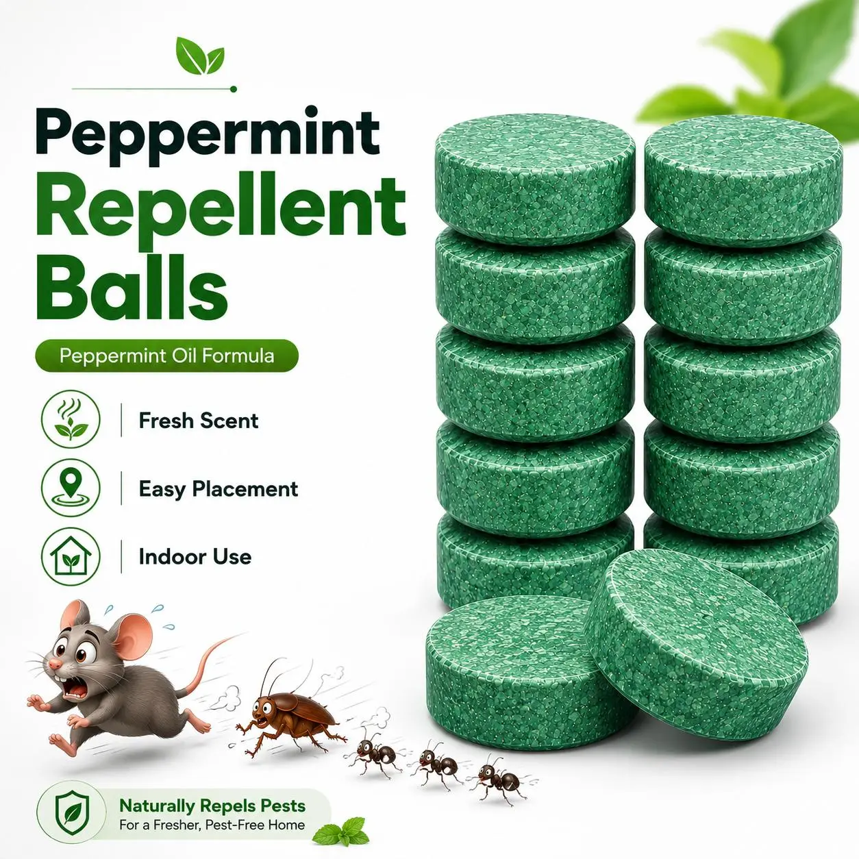12-Pack Peppermint Oil Pest Repellent Tablets, Natural Mouse and Rat Repellent, Indoor Rodent Deterrent for Roaches, Ants and Spiders, Easy-to-Use Pest Repellent for Kitchens, Closets, Garages, Basements, Sheds, RVs and Storage Areas