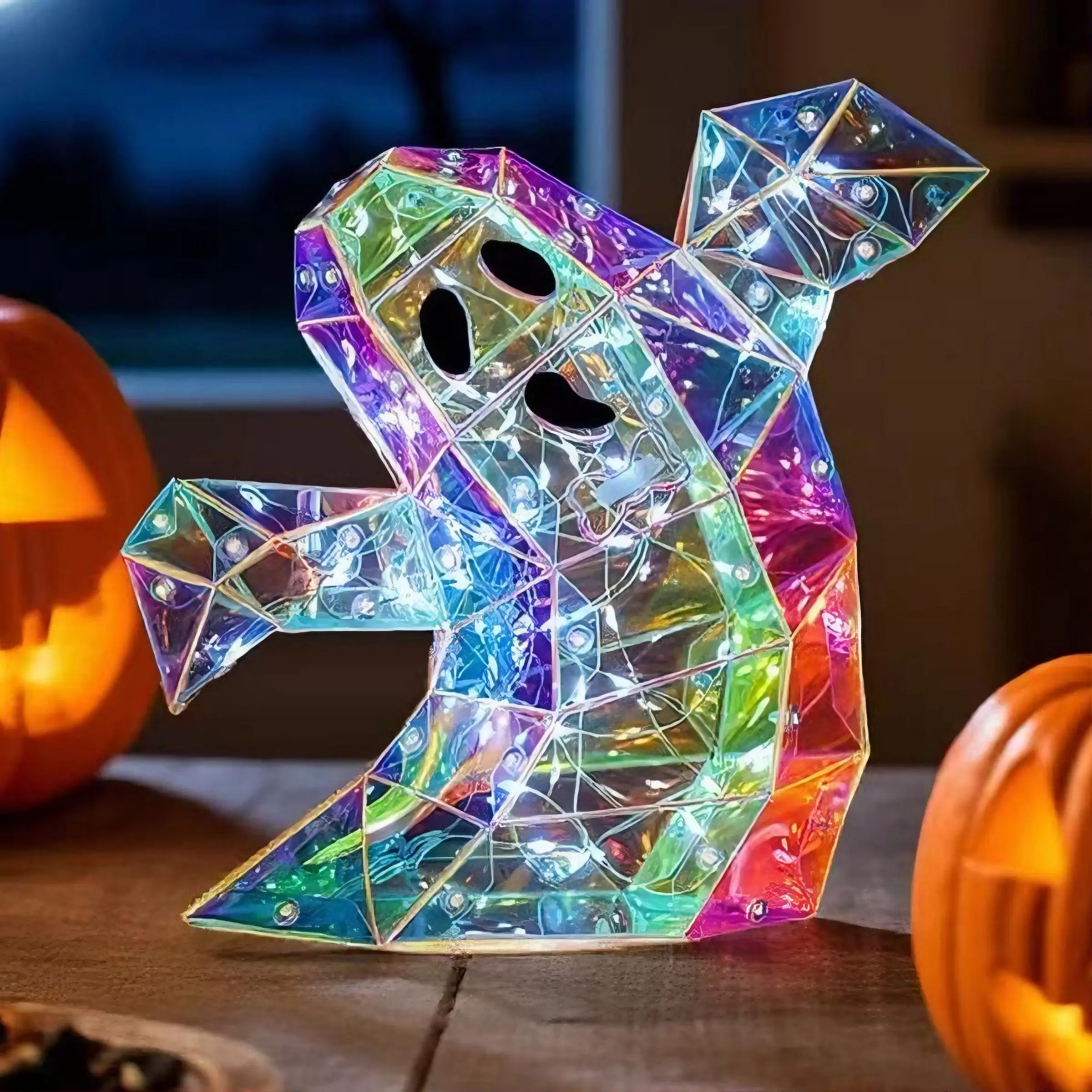 Prismatic Iridescent Ghost Skull Pumpkin Decor, Halloween LED Lights for Bedroom Hallway Table, Festive Decoration for Home, Holiday Decor