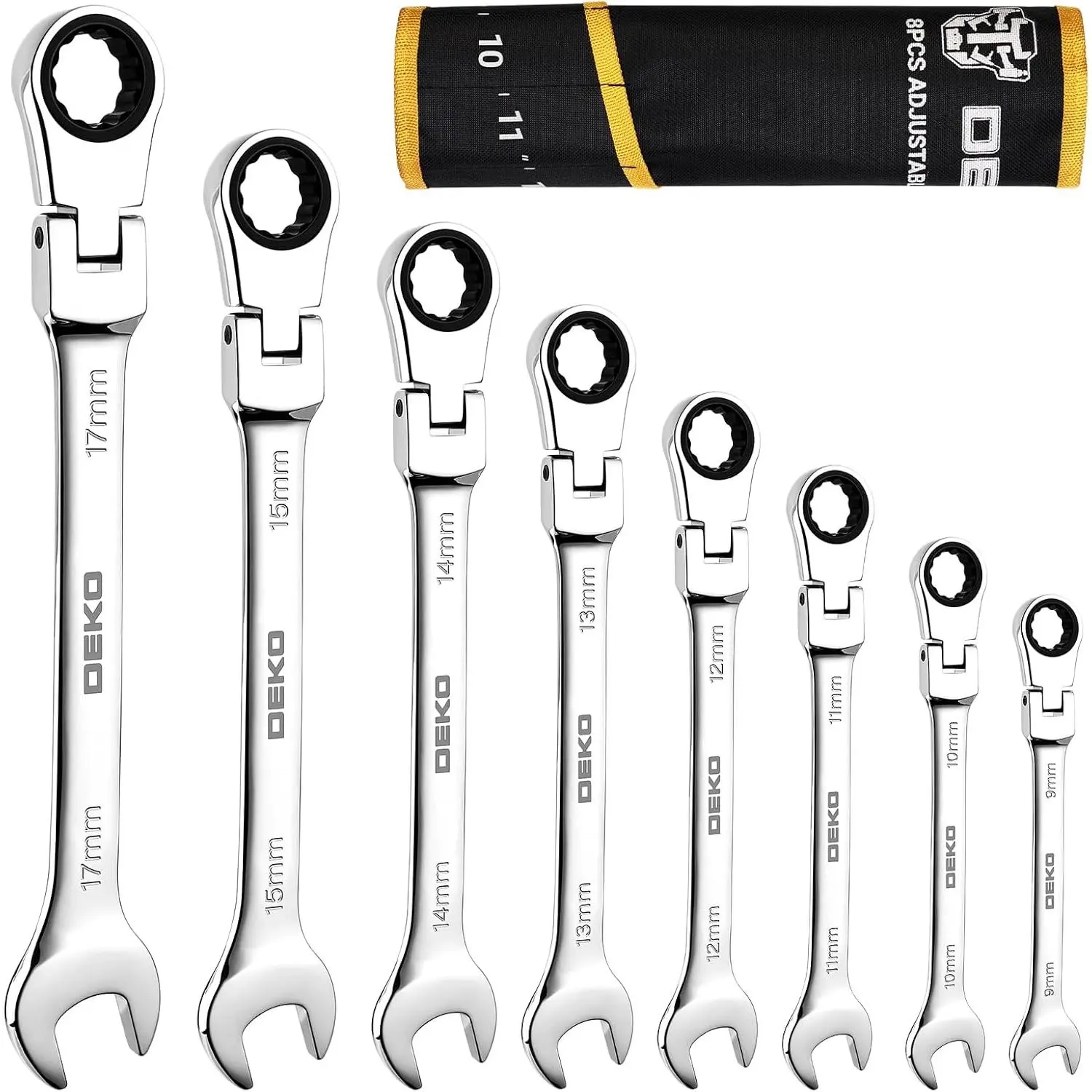 8-PC Flex Head Ratcheting Wrench Set, Metric Standard 9-17mm, 72-Tooth Cr-V Combination Wrenches with for Mechanics & Home Maintenance