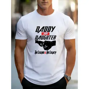 Men'S DADDY AND DAUGHTER Themed Print Polyester T-Shirt, Summer Quick-Dry Breathable Loose Round Neck, Warm Family Style, High Street Trendy Casual Versatile Short-Sleeve Top