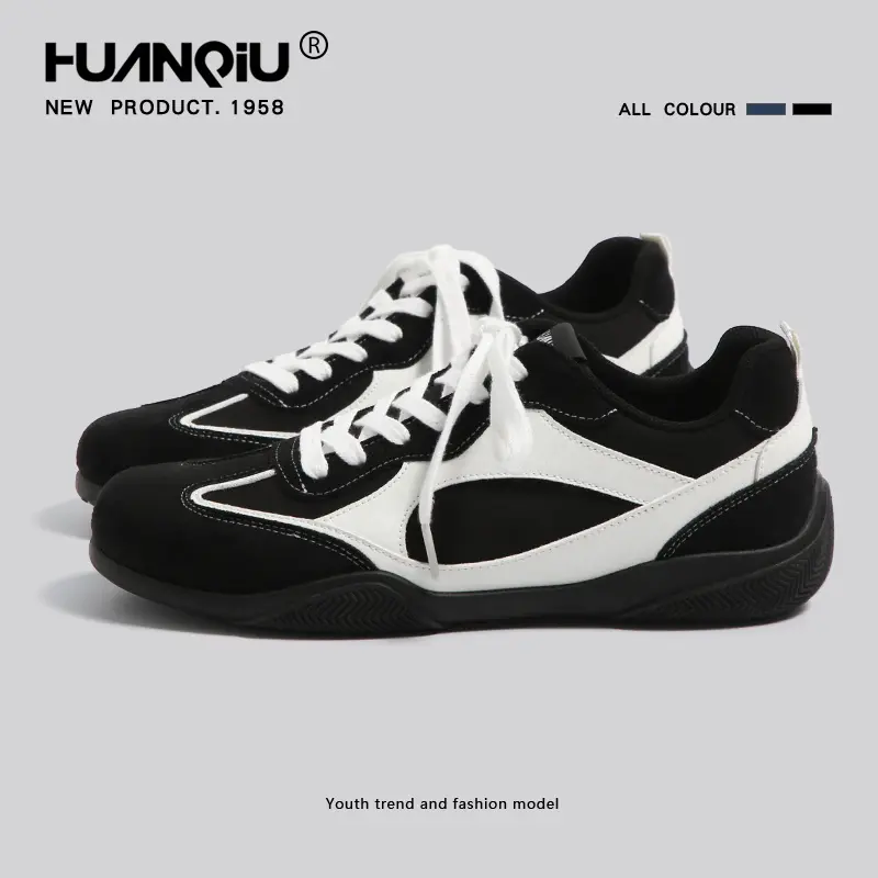 HUANQIU Black and White Streamlined Color Block Sneakers, Unisex Low-Top Lace-up Sneakers, Retro Commuting Versatile Flat Casual Shoes for Couples