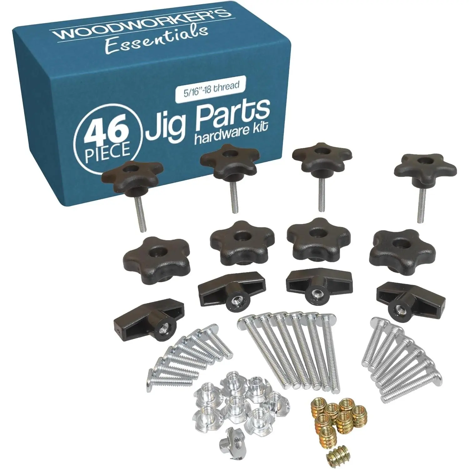 46 Piece T Track Bolts and Knobs Kit, 5/16”-18 T Bolts & Threaded Knobs, T Track Accessories for Woodworking, T-Track Parts Hardware Set for Woodworker Jigs and Fixtures