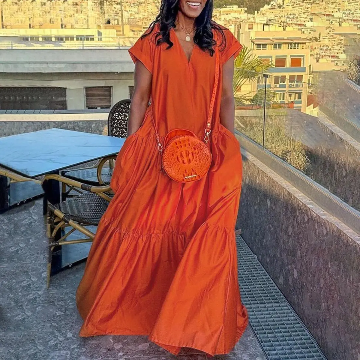 Women's Summer Cotton V-Neck Loose Shortsleeve Tiered Maxi Dress - Solid Color, Simple Elegant Style, Ruffled Pleated Large Skirt, Beach Casual Wear, Comfortable Loose-Fitted Womens Dresses