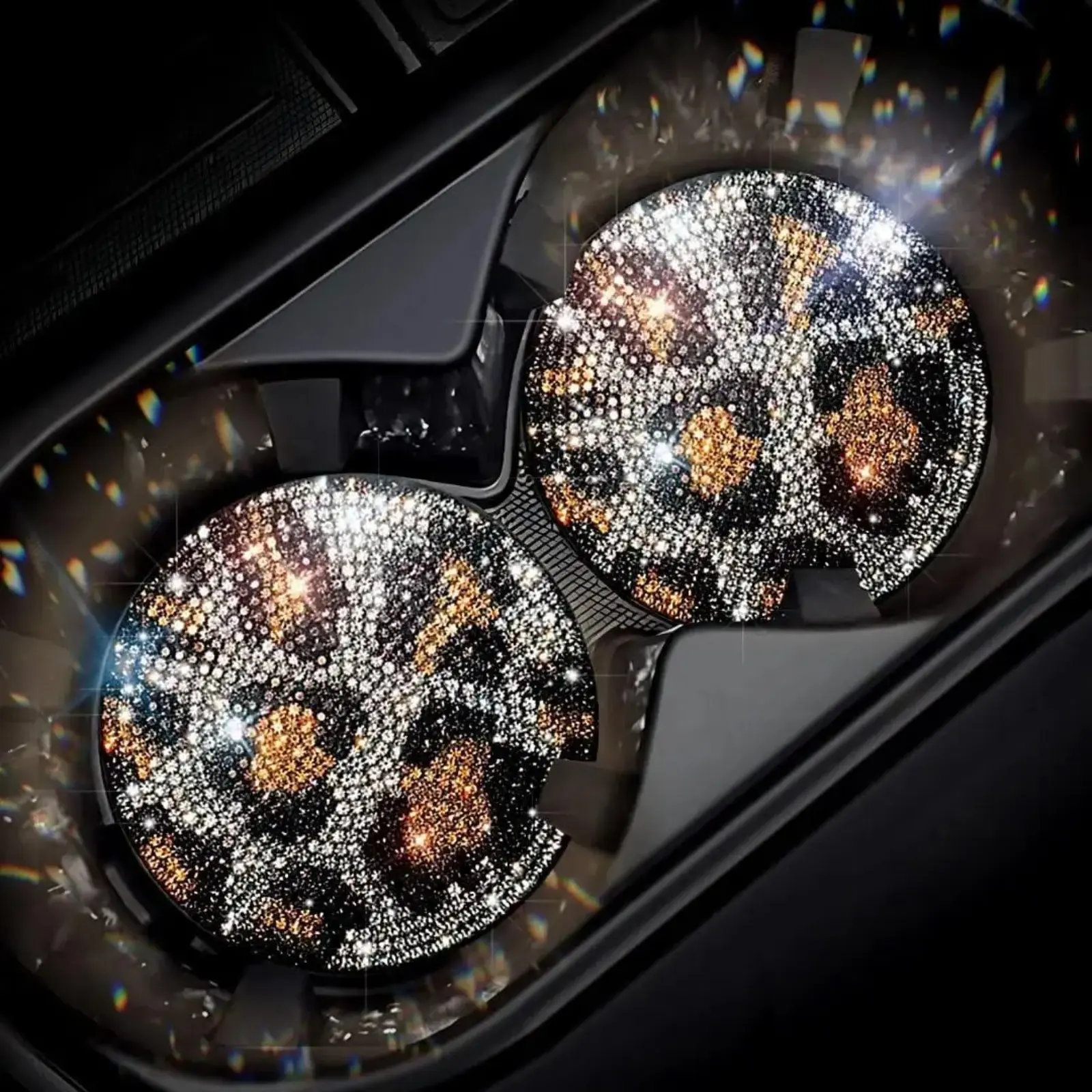 Women's 2Pcs Bling Animal Print Rhinestone Car Coasters - Sparkle Cup Holder Mats, Anti-Slip Waterproof Vehicle Table Accessories, 2.75" Diameter Gift, Car Accessories, Girly Car Accessories