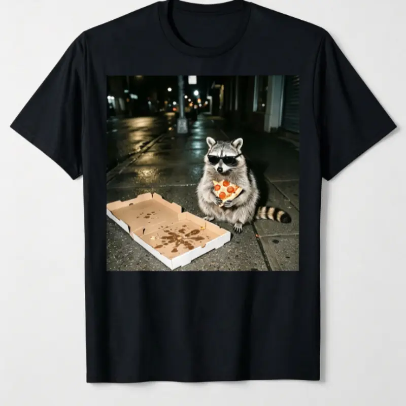 Men's Short-Sleeve Cotton T-Shirt, Cool Sunglasses-Wearing Raccoon Eating Pizza Night City Graphic, Aesthetic Classic Novelty Vibe Unisex Casual Streetwear Top For Pizza Lovers, Shortsleeve