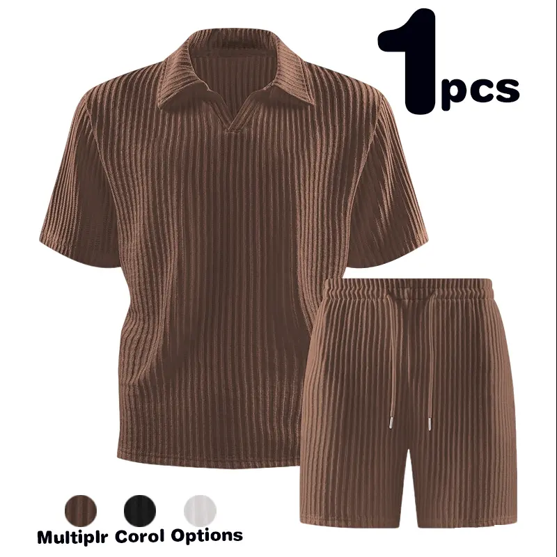 Men's Summer Casual Set with Vertical Pit Strip Short Sleeve Shorts, Two Piece Set, Loose, Lightweight, Trendy, Home/Outdoor, Men's Wear
