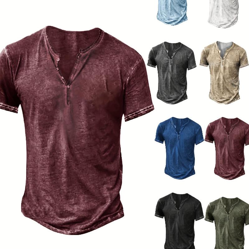 Men's Distressed Henley Shirt - Slim Fit Short Sleeve Button-Up Cotton T-Shirt with V-Neck & Placket Detailing, Machine Washable Casual Shirt in Olive Green, Black, Blue, Burgundy, Sporty Apparel| Athletic Style| Comfortable Tee