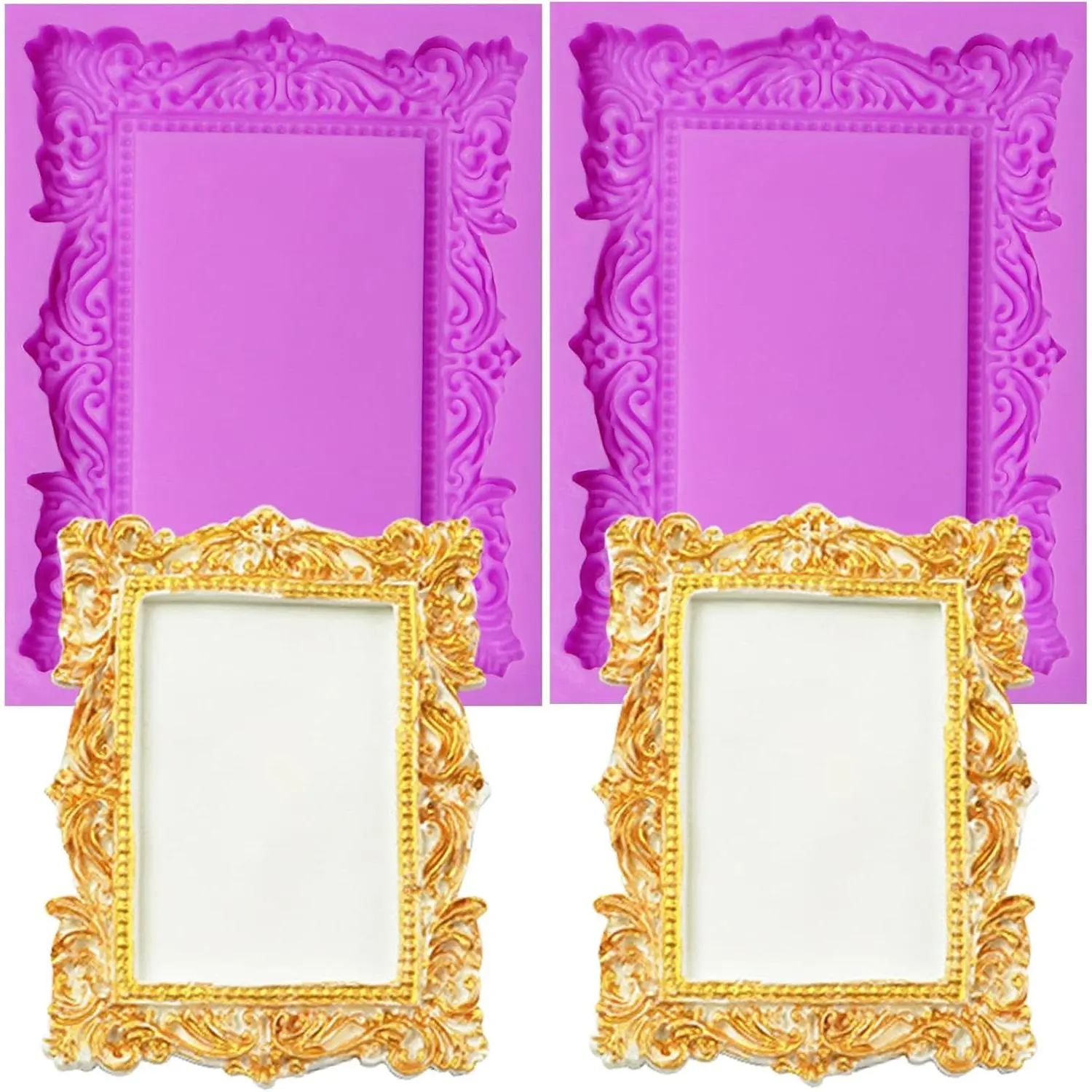 Baroque Photo Frame Fondant Silicone Molds, 3D Picture Mirror Frame Cake Decoration Molds for Chocolate Candy Sugar Craft Gum Paste Cookies Resin Clay Set of 2
