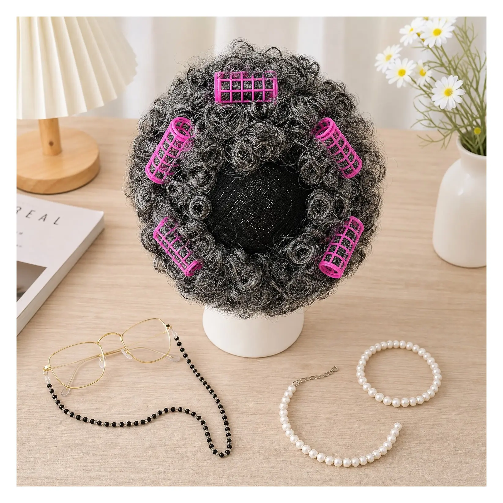 5-Piece Halloween Old Lady Grandma Costume Set with Wig, Hair Rollers, Glasses, Chain Necklace & BraceletGift