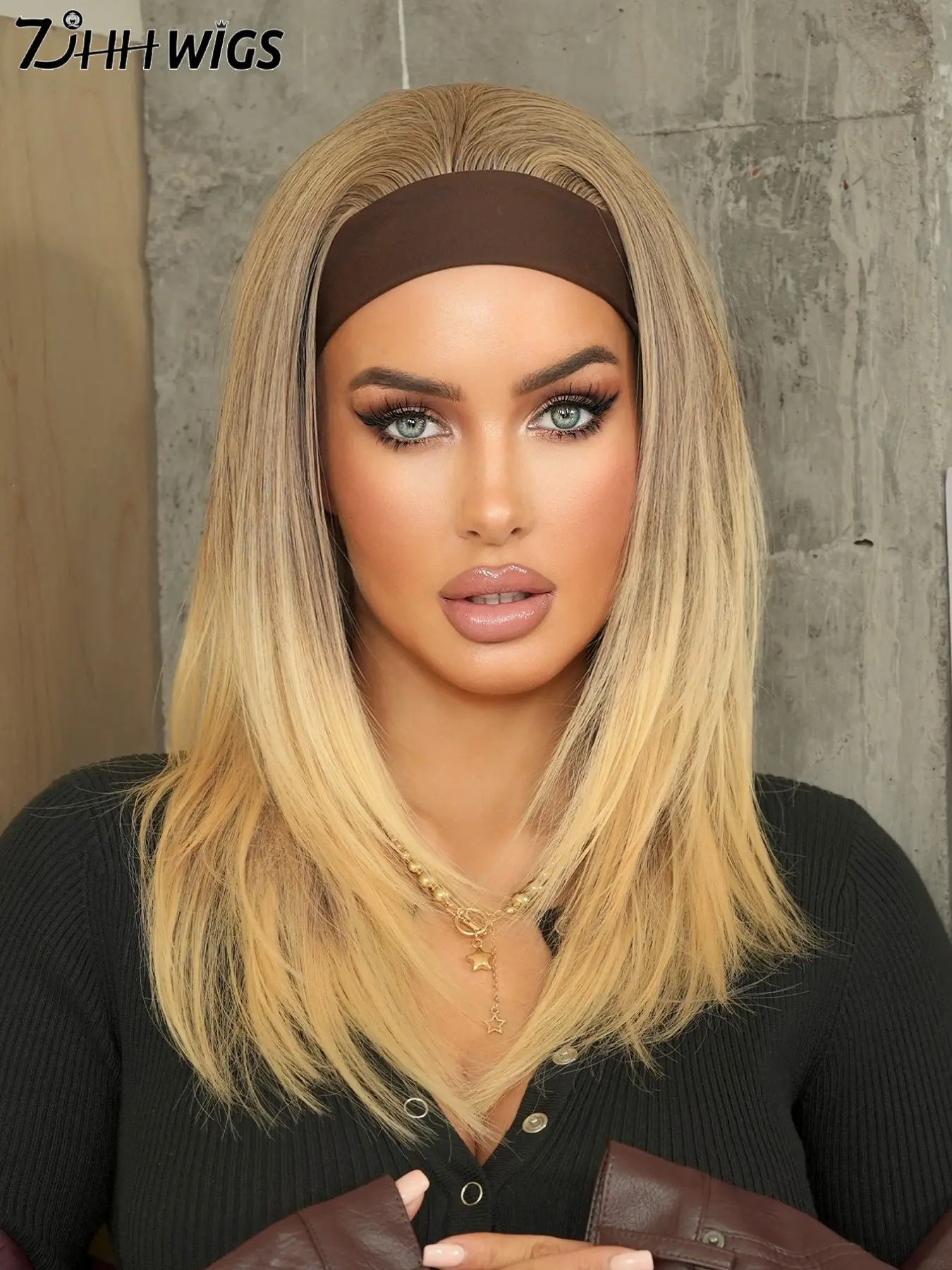 Medium Length Ombre Brown Headband Wig for Women 20 Inch Straight Layered Natural Looking Synthetic Heat Resistant Fiber Hair Band Half Wig for Daily Party Use