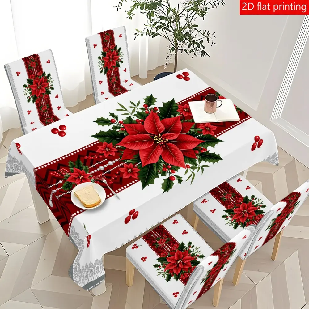 5/7PCS autumn and winter Christmas magenta tablecloth chair cover set (1 tablecloth+4/6 chair covers) 140*210cm, easy to disassemble and wash, suitable for autumn home decoration/kitchen decoration, camping, Home party decorations