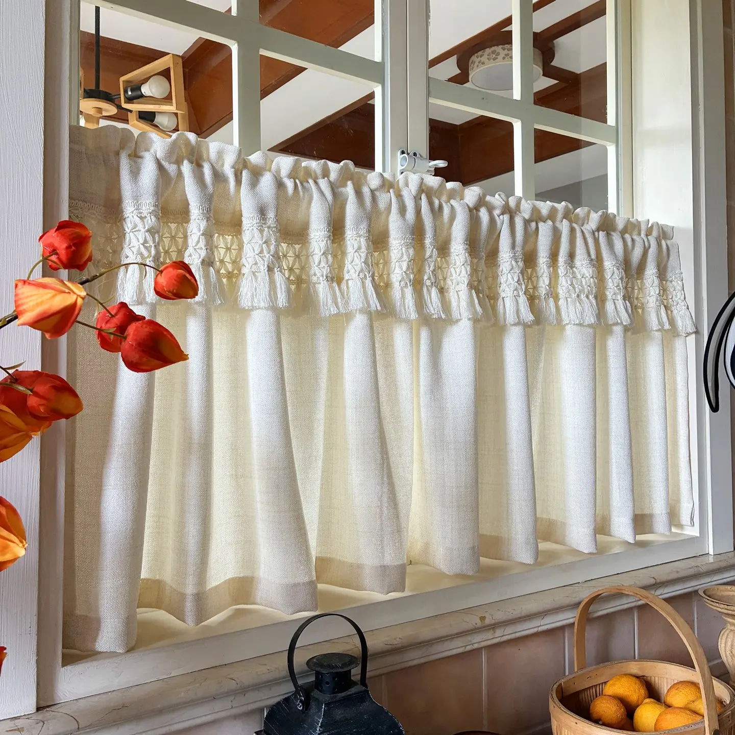 1pc Cream Style Japanese Linen Cotton Curtain, Short Half Curtain, Light-Transmitting Not See-Through, Window Decor, Rod-Pass Header