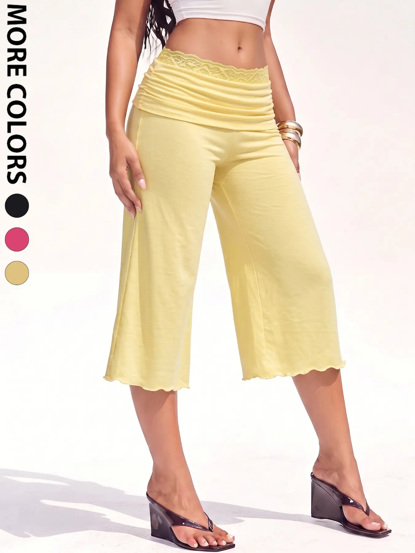 Lace Waist Ruched Foldover Culotte Pants For Women, Soft Stretchy Lightweight Fabric, Loose Wide Leg Cropped Capri Trousers, Y2K Retro Casual Bottoms, Trendy Streetwear, Chic Lounge Pants For Daily Going-Out Beach Vacation Stylish Look