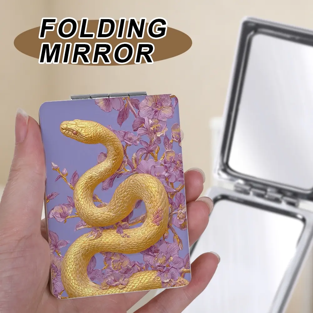 1Pc 1X/2X Magnifying Golden Snake Purple Floral Compact Mirror, Luxury Y2K Aesthetic Portable Folding Compact Mirror, for Purse Travel Daily Makeup, Cool Trendy Style Travel Makeup Mirror Gift for Women Girls