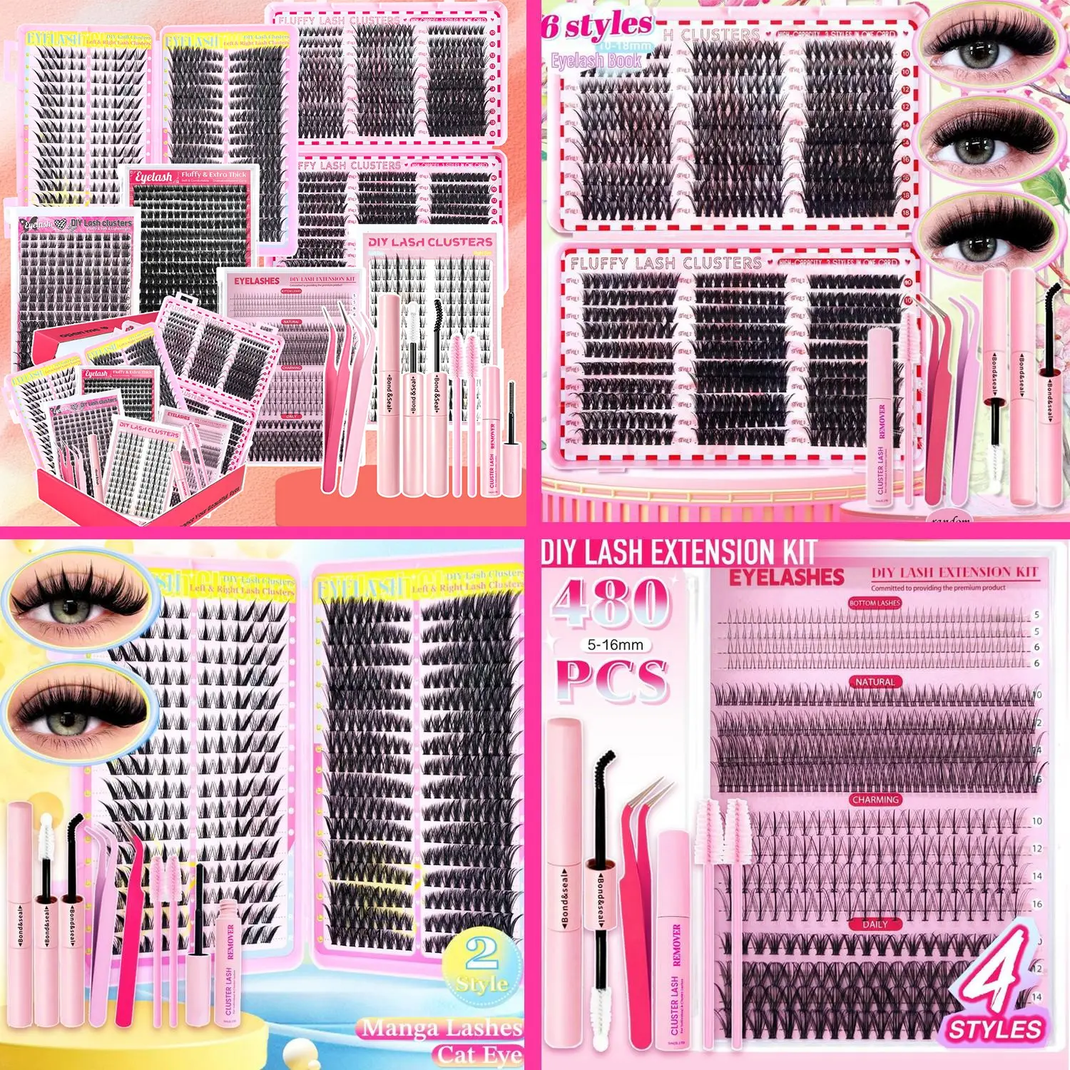 DIY Eyelash Extension Kit, False Eyelashes Kit, 6 Styles Christmas Valentine's Day Gifts Individual Lash Clusters Manga Lashes, Cat Eye, Fluffy Eyelash Clusters With Makeup Tools, Bond and Seal, Lash Remover For Beginner Use At Home Eyelash Set