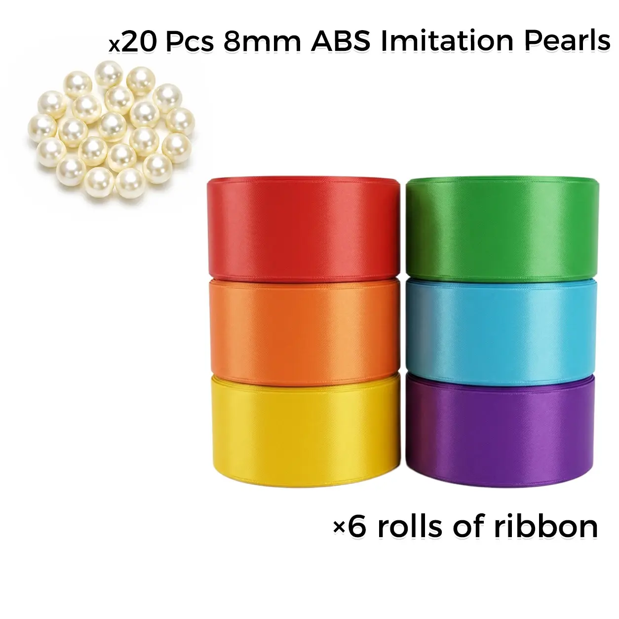 Rainbow Ribbon Set, 6 Rolls, 2.5cm Wide, 10m Each, with 20pcs 8mm Faux Pearls, DIY Craft Supplies, Gift Wrapping, Party Decor