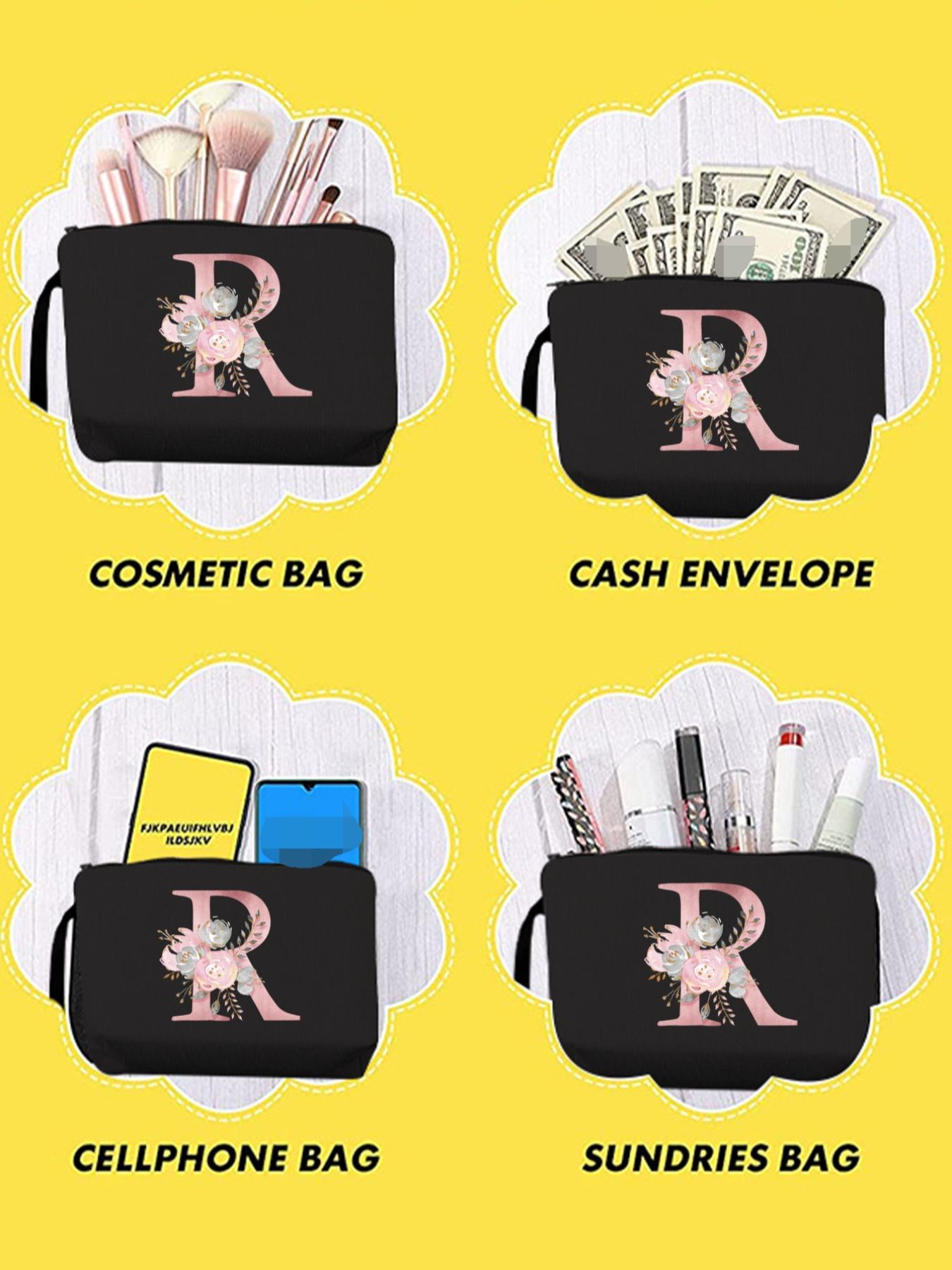 Floral Pattern Portable Makeup Bag, Initial Letter Print Cosmetic Bag, Canvas Cosmetic Organizer Pouch, Makeup Bag for Travel, Travel Essentials, Makeup Storage Bag