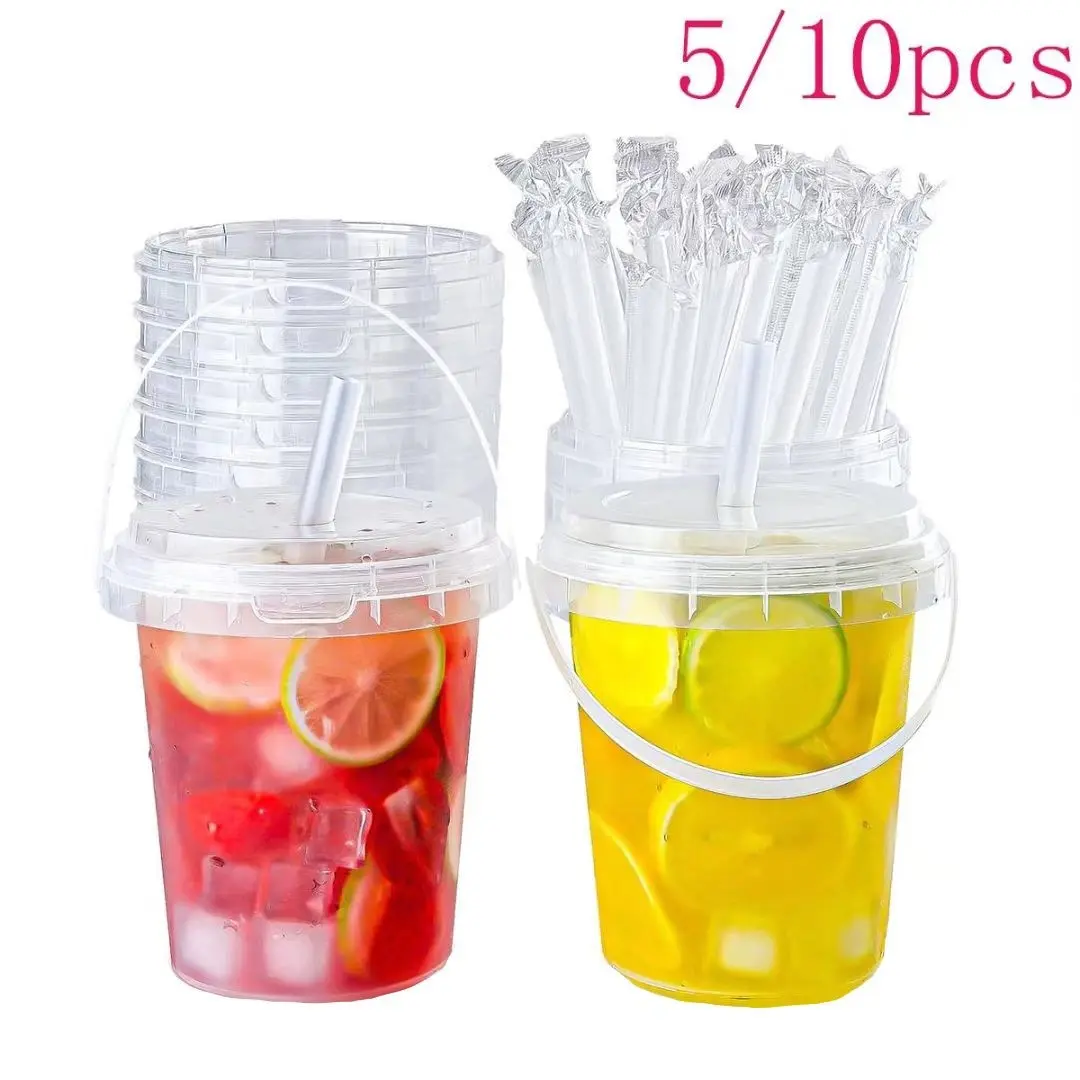 5/10 Pack 34oz Disposable High Quality Plastic Drink Cups with Lids and Straws, Soft Tone Ice Coffee Cups, Party Supplies for Beach and Pool Parties, Plastic Tumbler Cups