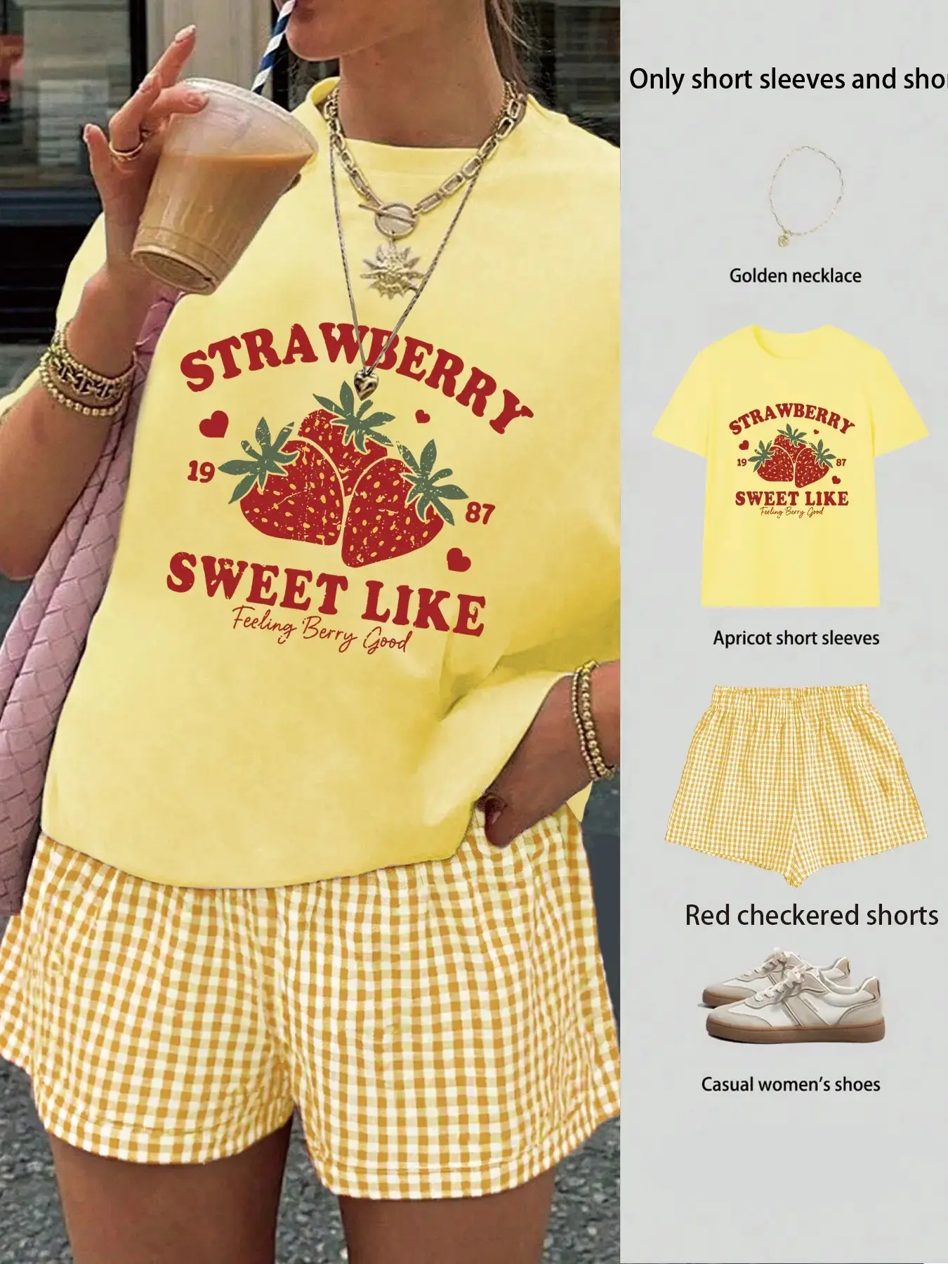 Women's Strawberry Print Short Sleeve T-Shirt & Plaid Shorts Set, Comfortable Fashion, Casual Summer, Daily Wear