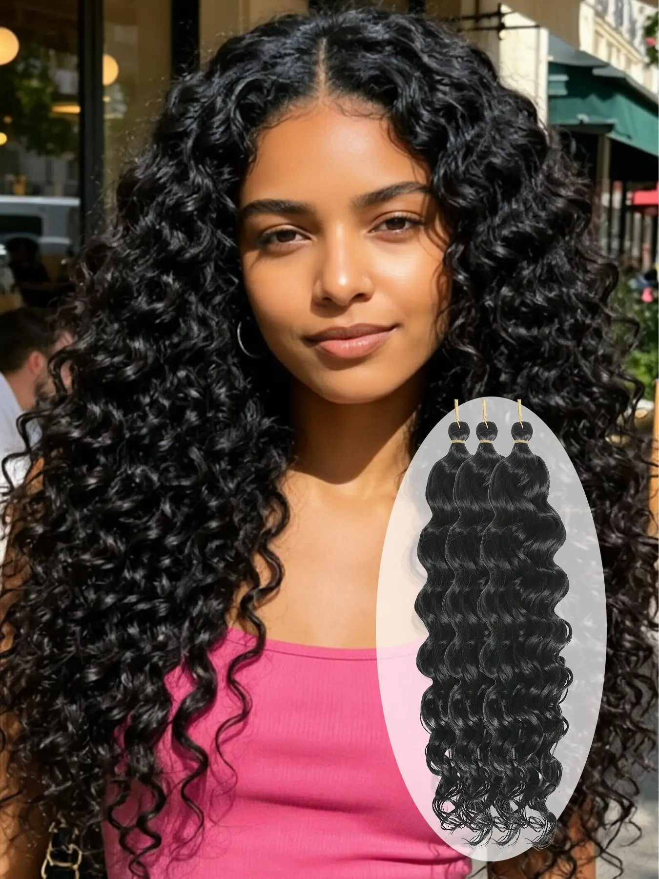3PCS Hawaiian Curly Hair Extensions Nature Black Gradient Soft Beach Wave Synthetic Hair Wefts for Women Natural Full Volume Vacation Party Look