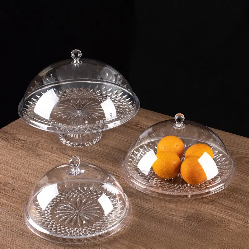 Transparent Round Acrylic Food Dust Cover with Fruit Plate, Shatterproof Plastic Display Dome, Snack Dessert Dried Fruit Serving Platter with Lid for Bakery Buffet Catering Home Party