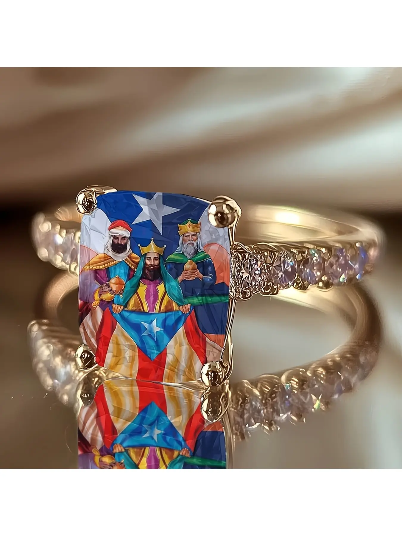 Three Kings Festival Puerto Rico Flag Embroidered Ring, Religious Folklore Painted Pattern, Set with Diamonds, Golden Ring Band, Commemorative Jewelry with Regional Cultural Characteristics