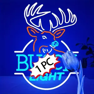 American Bud Light Deer Head Neon Sign, Retro Beer Theme LED Lamp, Wall-Mounted No Drilling, Bar/man Cave Decor