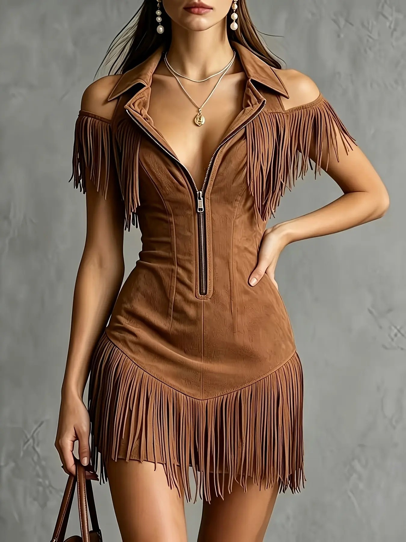 Vintage Country Style Cold Shoulder Tiered Fringe Skirt, Bold V-Neck Waist Cinch Western Short Dress, Trendy Retro Fashion for Women