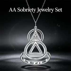 AA Sobriety Jewelry Set for Women, Minimal Triangle Sobriety Knot Ring with "One Day at a Time" Engraving, Rotatable Spinner Fidget Pendant Necklace for Stress Anxiety Relief, Unique Sobriety Recovery Gifts for Graduation AA Meeting Daily Wear