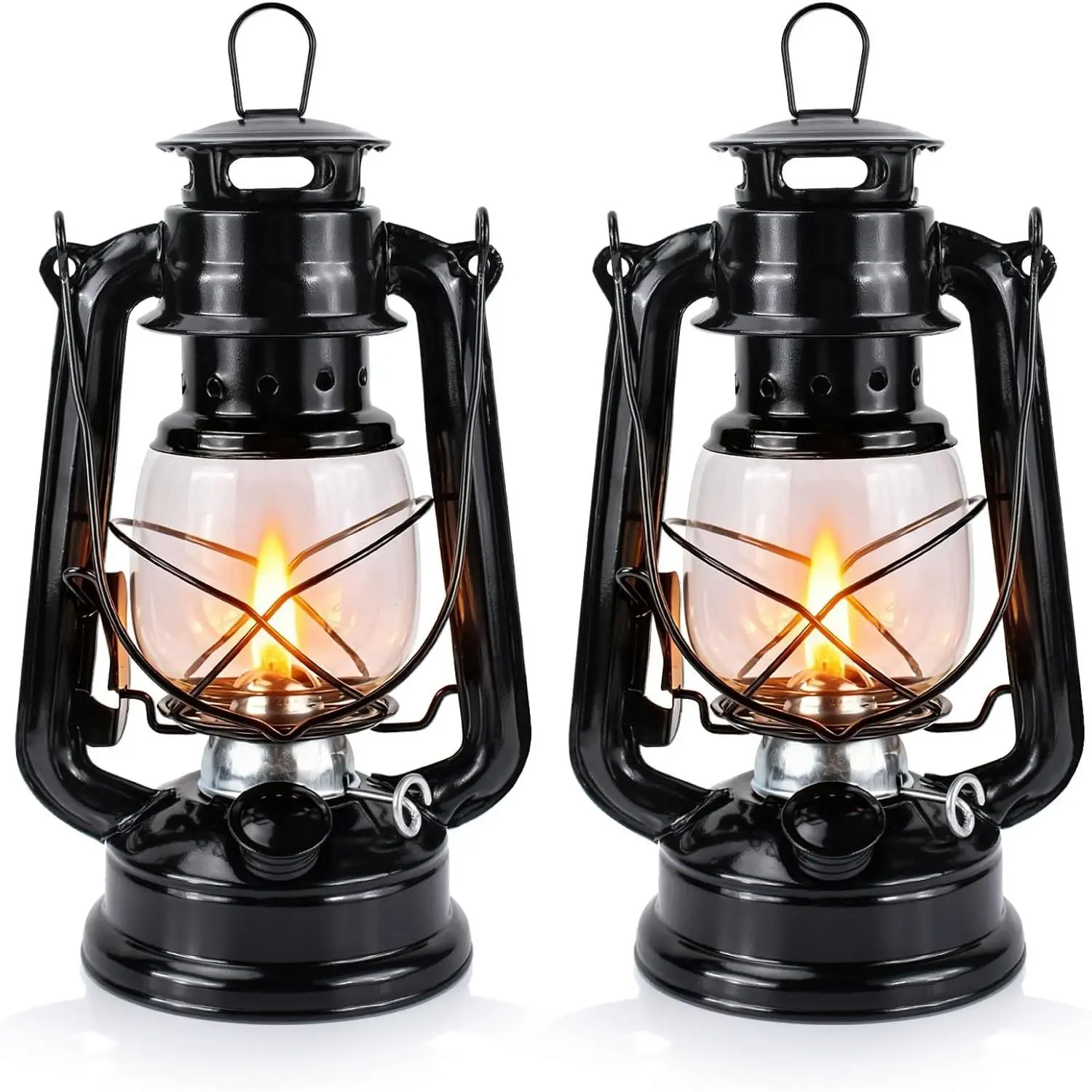 Old-Fashioned Hurricane Lanterns (Set of 2) - Rustic Black Iron Oil Lamps with Iron Frame & Soft Cotton Wick, Emergency Use, Decorative Lighting for Farmhouses, Living Rooms (Rustic Look Included)