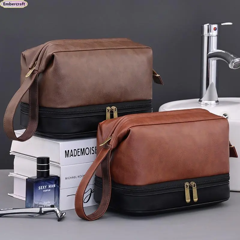 Men's Dopp Kit Travel Toiletry Bag - Retro Luxury Double-Layer Large Capacity Waterproof PU Leather Travel Organizer for Grooming & Cosmetics Storage, Hanging Wash Bag for Business Trips & Gym Travel Essentials