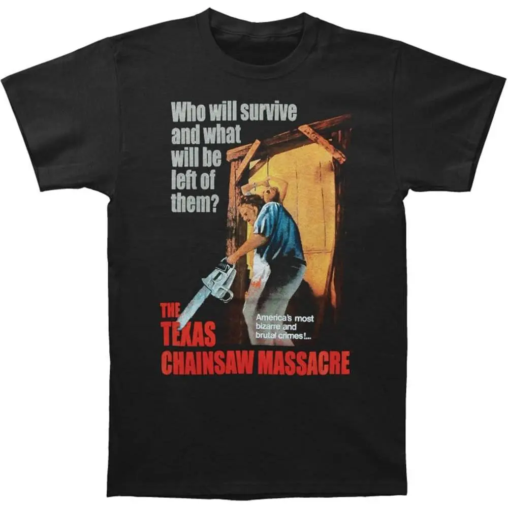 Menswear Original Texas Chainsaw Massacre Knit T-Shirt, 70s Slasher Horror Streetwear with Vintage Movie Poster Graphic, Tshirt, Top, Shortsleeve, Pullover, Round Neck, Knit Fabric, Tee, Casual, Classic, Print, Retro, Regular Fit, Bold Text, Athletic, Hol
