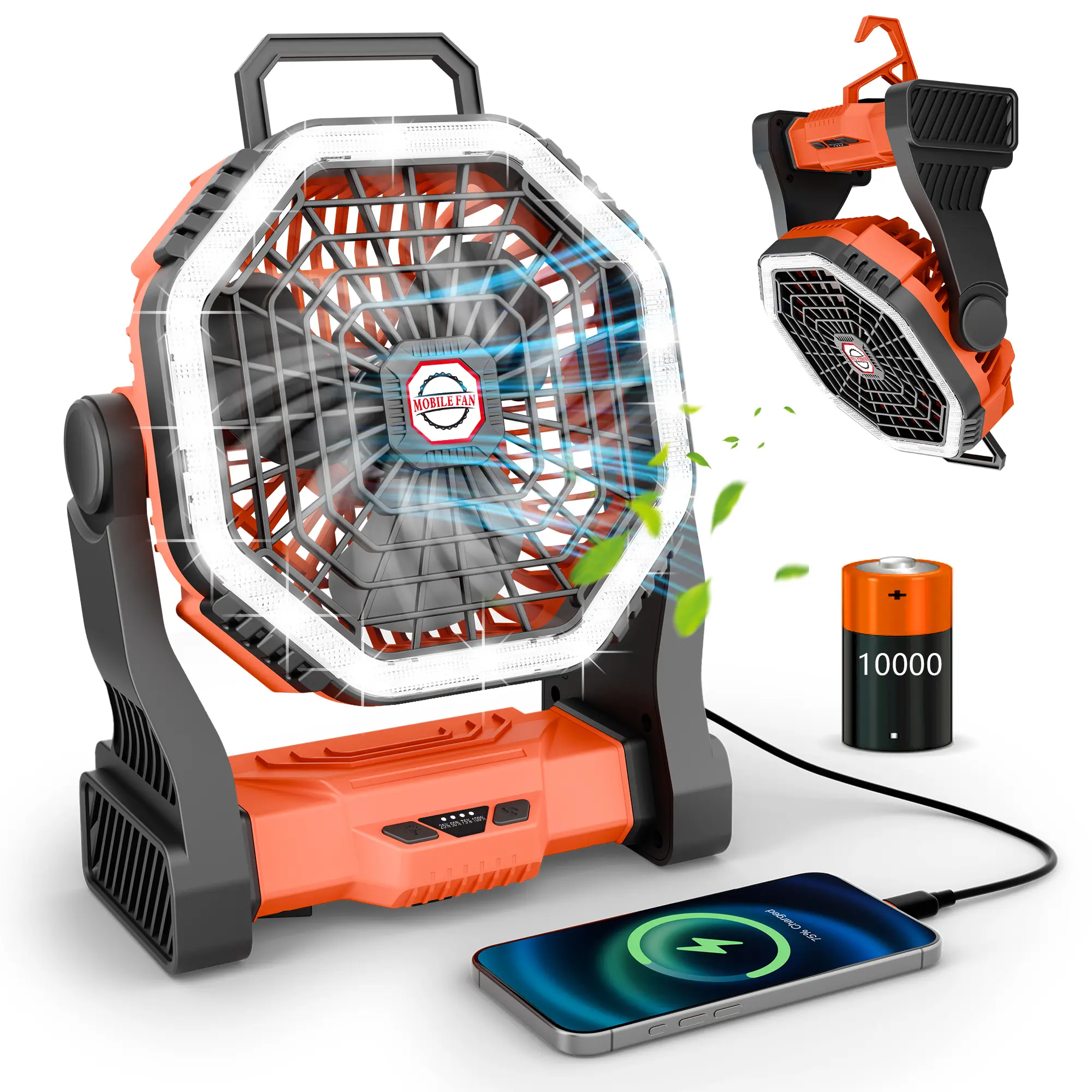 Cordless Rechargeable Multifunctional Portable Outdoor Camping Fan - Built-in Lithium Polymer Battery, USB Charging, Hanging-Desktop Design, Oscillating, LED Light, Emergency Power Supply for Camping, Power Outages, Cordless Rechargeable Fan, Rechargeable
