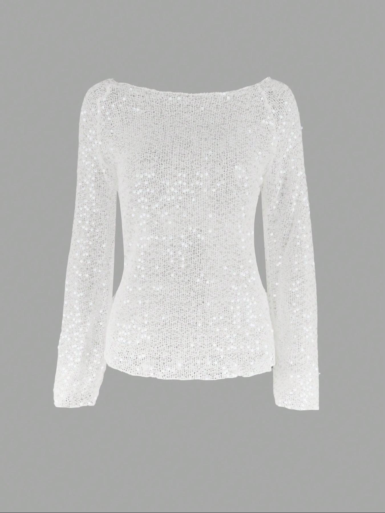 Women's Loose-Fit Hollow Out Sequins Long Sleeve Round Neck Pullover Sweater Knitwear, Casual Knitted Top for Spring End & Autumn Initial