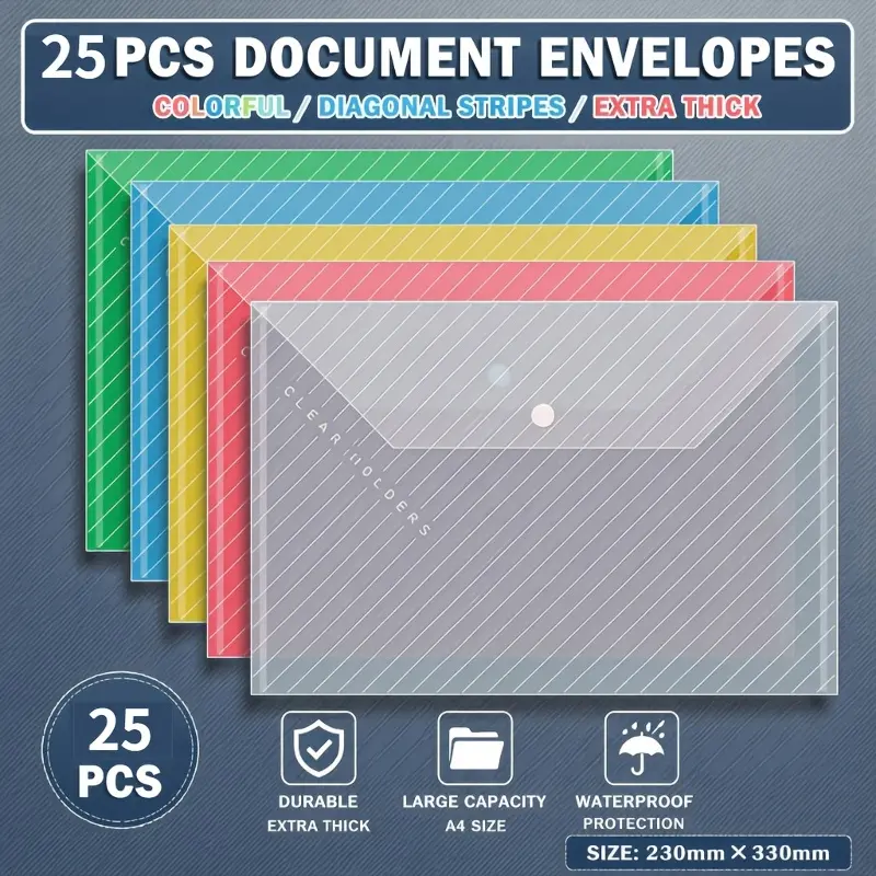 25-Pack A4 Snap Button Plastic Document Envelopes, Random Colors Waterproof File Folders, School/Office Document Storage Paper Organizer for Exam Papers