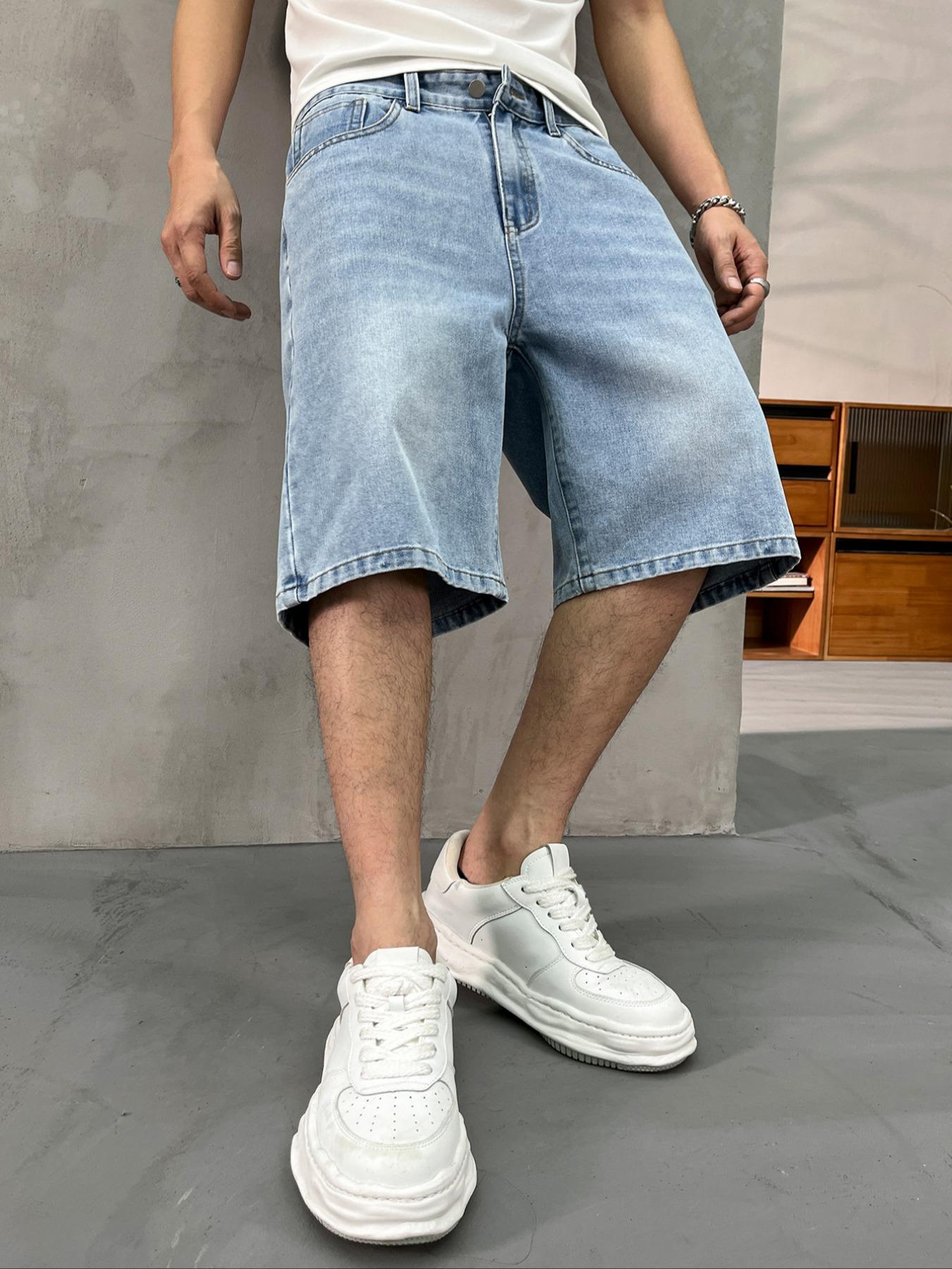 Men's washed retro color denim shorts, trendy, versatile, loose straight-leg casual streetwear denim five-point pants Men's washed retro color denim shorts, trendy, versatile, loose straight-leg casual streetwear denim five-point pants