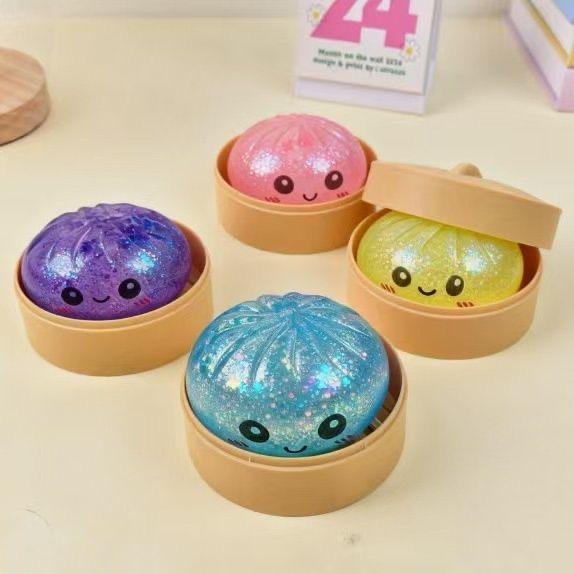 [Four colors, 10cm/3.94in] Giant Glitter Dumpling, Giant Dumpling Soft Toy, Super Rainbow Dumpling, Cute Stress-Relief Fidget Toy, with Steamer Box, Soft Squeezable Stress-Relief Dough for Adults
