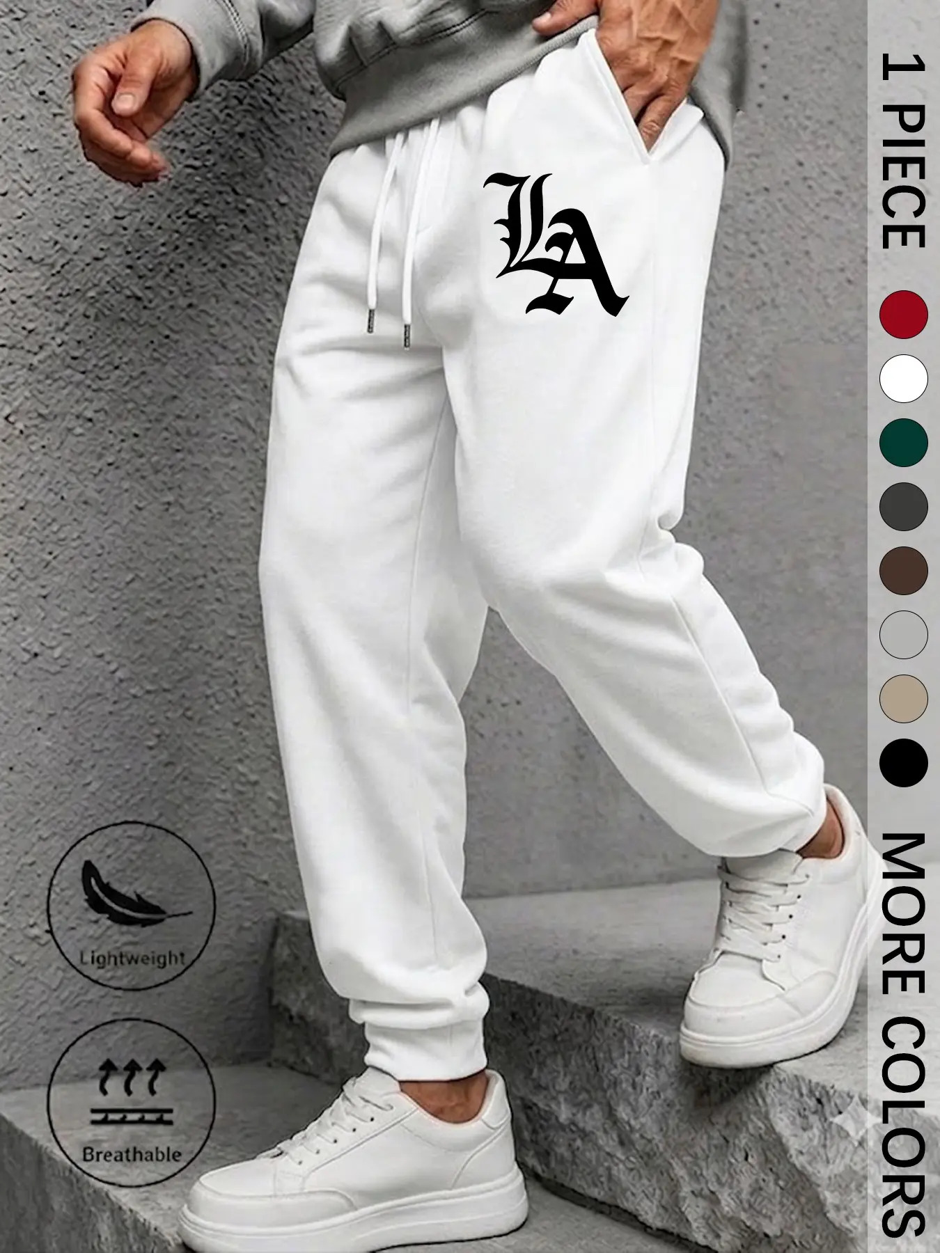 Men's Gothic La Letter Print Cargo Pants, Lightweight Breathable Drawstring Waist, Pocketed Sporty Long Pants for Gym & Daily Wear