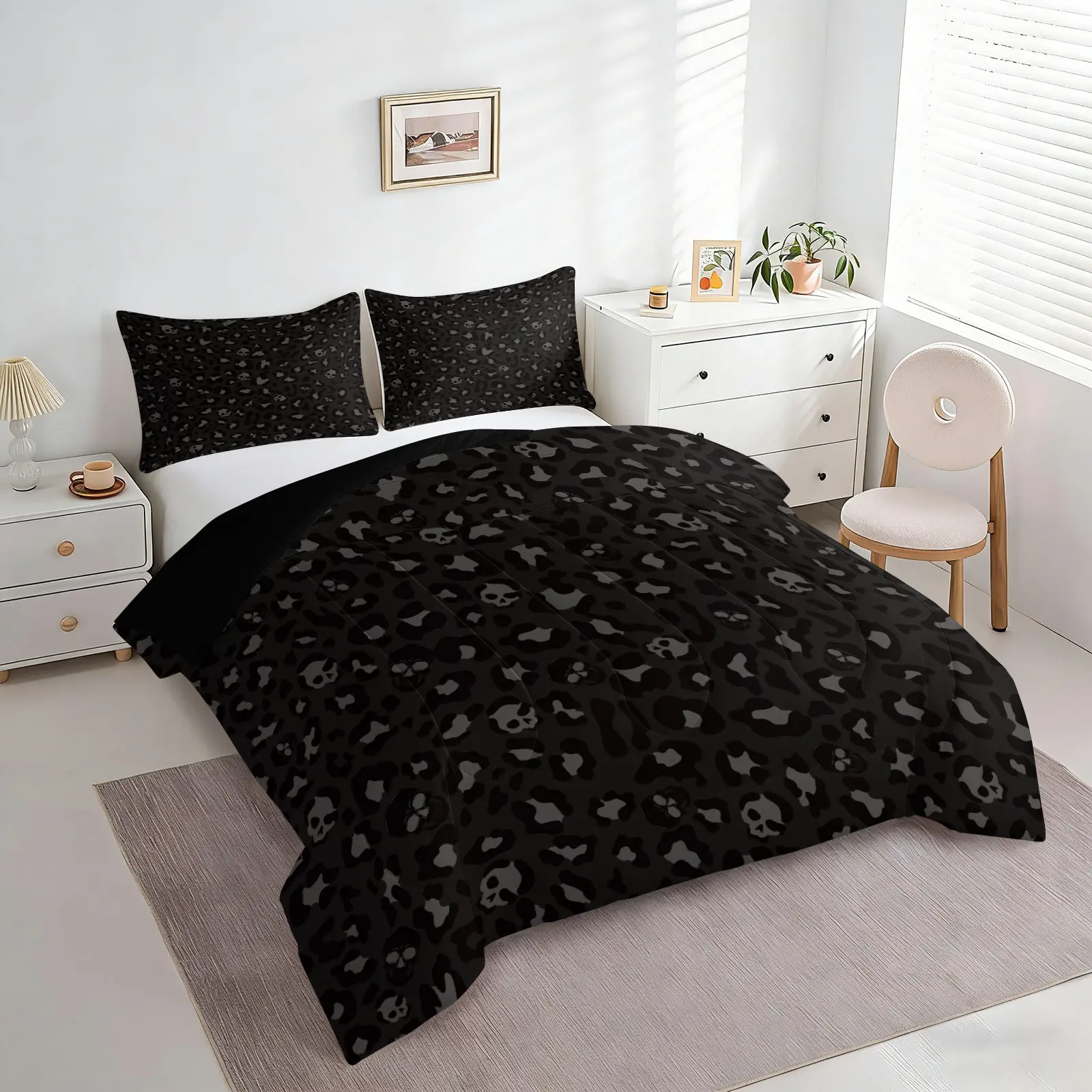 2/3Pcs Black Leopard Skull Comforter Set, Filled Comforter, 1 or 2 Pillowcases (No Pillow Inserts), Dark Leopard Skull Print Bedding, Gothic Home Decor