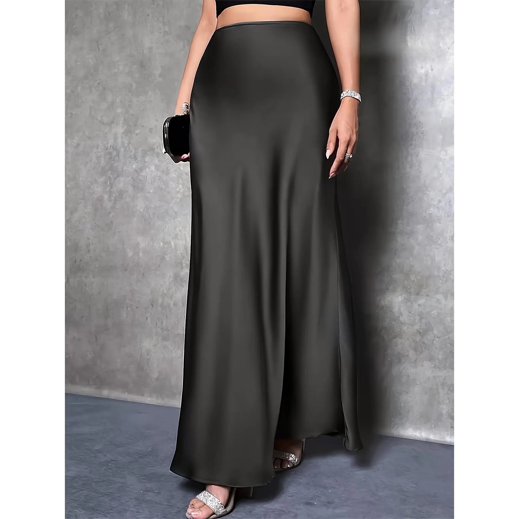 Women's Satin A-Line Skirt, Elegant High-Waist Solid Maxi Skirt for Autumn Winter Holiday Parties and Commuting, Maxi Skirts