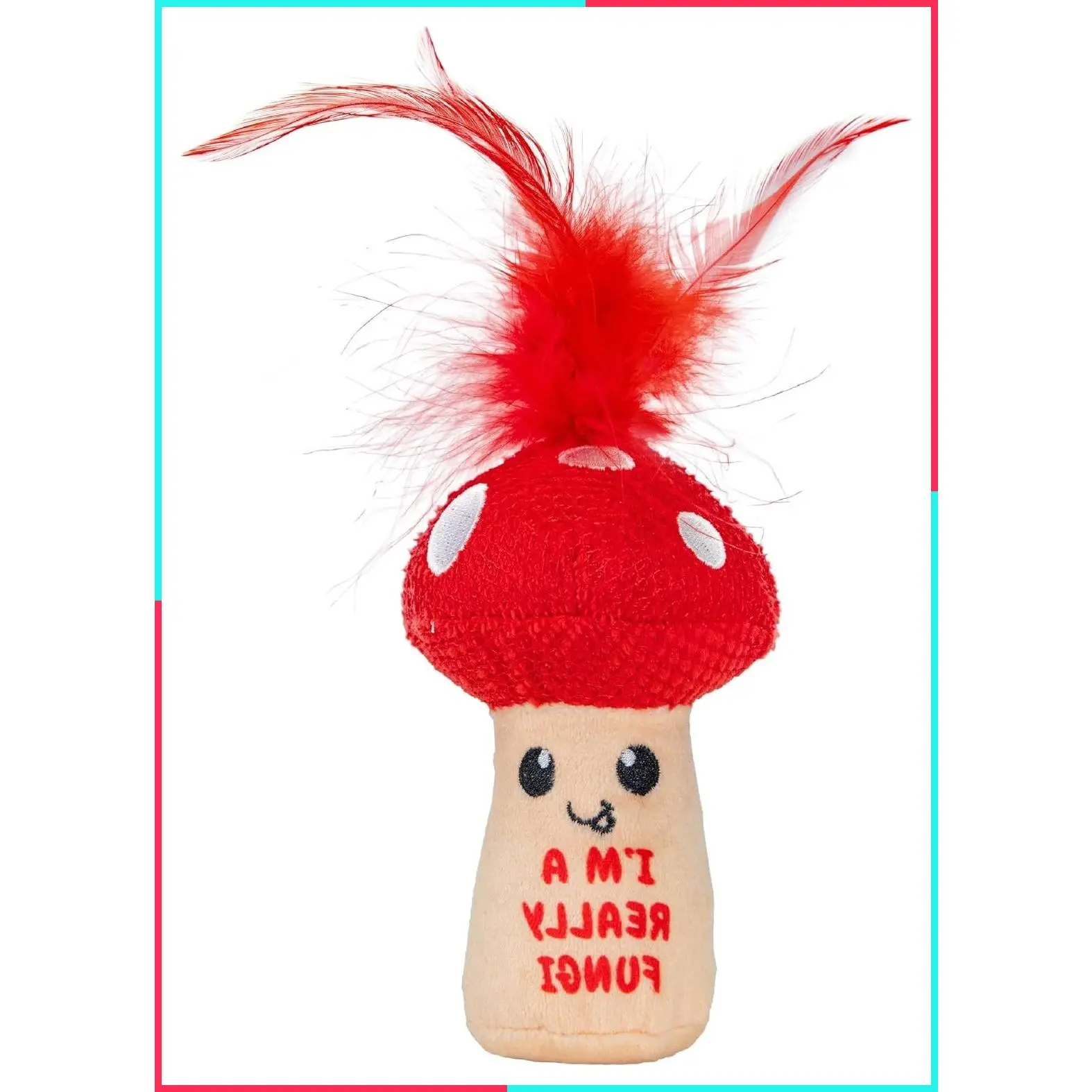 A Really Fungi Cat Kicker Toy with Catnip and Dental Mesh, Mushroom Shape, Plush and Feather Cat Toy for Kicking, Tossing, and Teeth Cleaning, Red