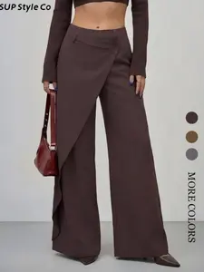 Women's Irregular Asymmetrical High-Waisted Wide-Leg Pants Fit, All-Season Casual Style, Perfect for Commute and Unique Fashion, Trendy and Slimming Trouser