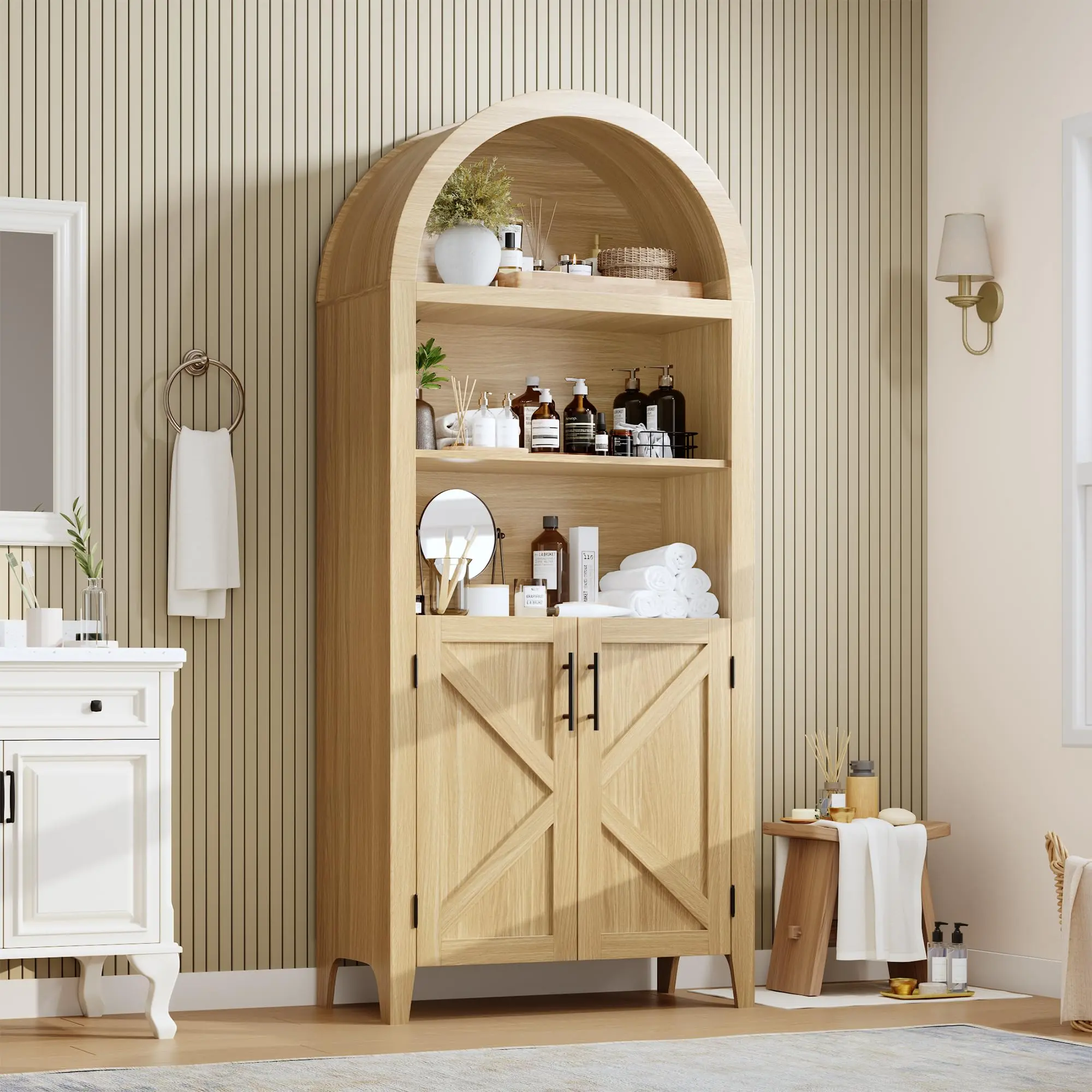 5-Tier MDF Wood Arched Bookcase with Doors, Freestanding Storage Cabinet with Adjustable Shelves, Natural Grain Reinforced Base Easy-Setup Display Unit for Home Office, Living Room