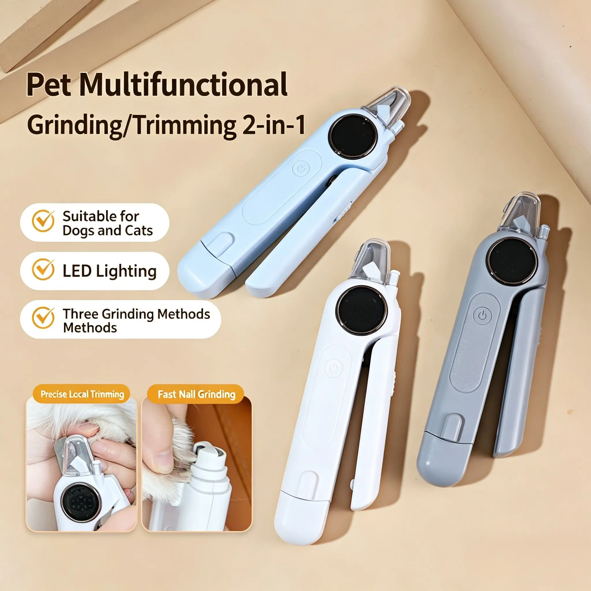 Pet Cat Electric Nail Clipper Grinder, Dual-Function Cat Dog Nail Trimmer with LED Blood Line Indicator, Multi-Purpose Pet Grooming Tool