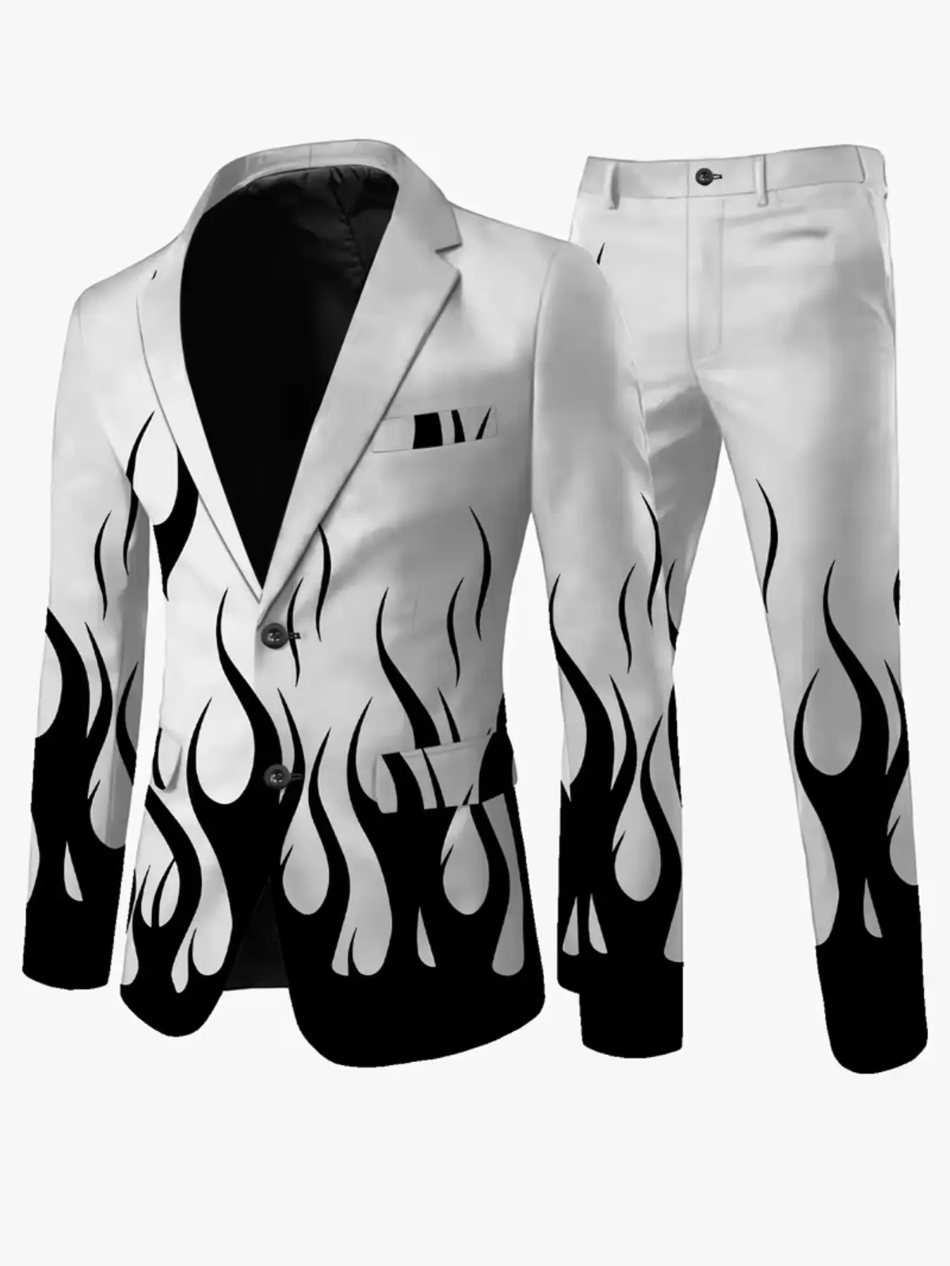 Men's Base Flame Print Blazer Set, Trendy Long Sleeve Elegant Suit Jacket & Pants, Perfect for Parties and Stage Performances