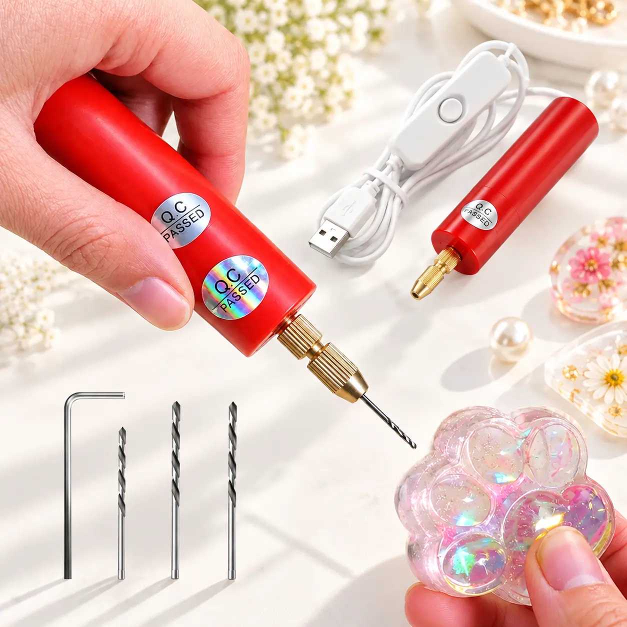 Mini Handheld Electric Drill for Resin Jewelry Making, USB Corded Micro Drill with Precision Drill Bits, Portable DIY Craft Tool for Keychains, Earrings, Beads, Charms, Acrylic & Wood