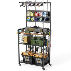Fishing Rod Storage Rack, Heavy Duty Metal Multi-Tier Tackle Organizer with Pegboard, Rolling Cart with Lockable Wheels for Garage, Holds up to 6 Spinning Reels, 4-In-1 Storage System With Pegboard
