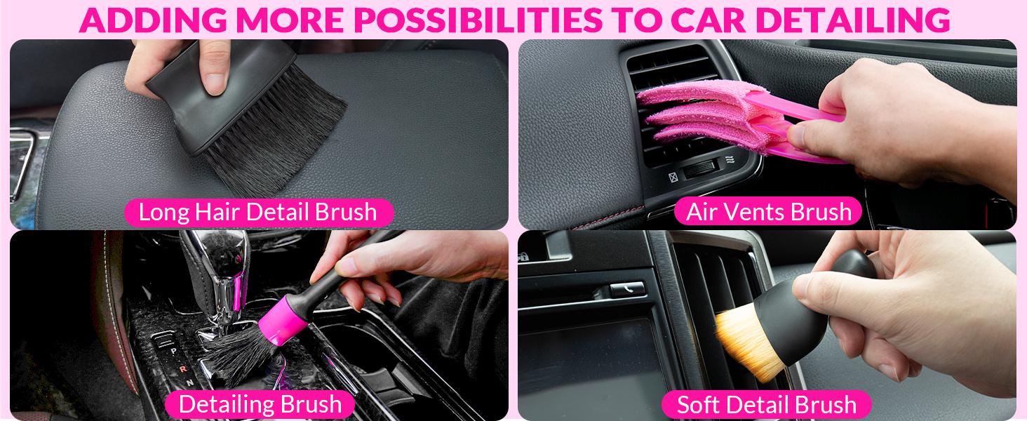 Car Cleaning Kit, Car Vacuum Detailing Kit Interior with High Power Handheld Vacuum, Including 7Pcs Detailing Brush Set, Windshield Cleaner, Pink Car Accessories for Women