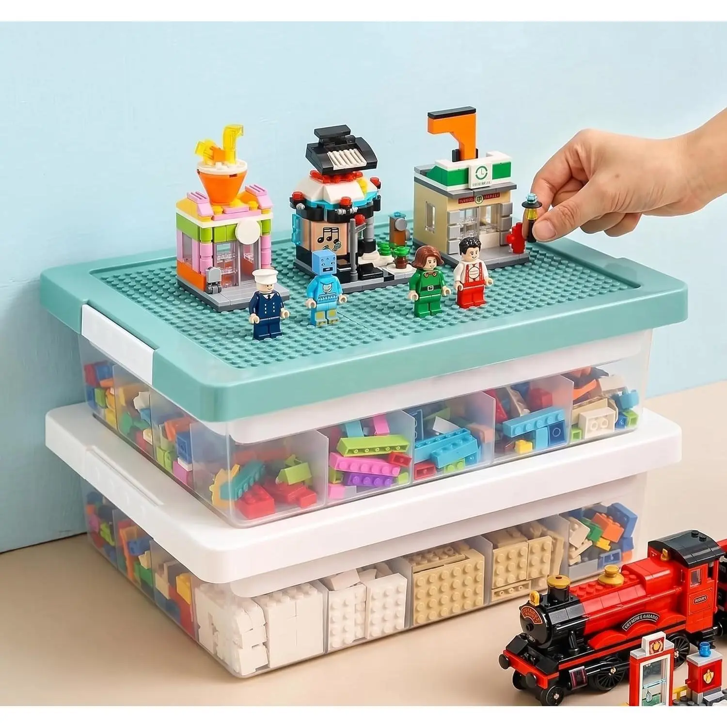 Toy Storage Organizer Box for Lego Bricks with Compatible Building Plate Lid, 3-Layer Removable Sorting Trays, Stackable Plastic Storage Bin, Building Block Organization (1pc-green)